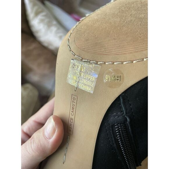 Vince Camuto Black Suede  Cutout Peep Toe Booties 9.5M Chunky Heel Sandals - Picture 7 of 8